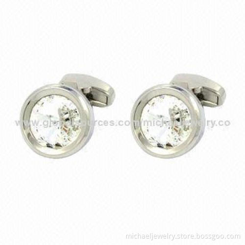 Brass Cufflinks with White Swarovski Stone and White Steel Plated, Nickel-free